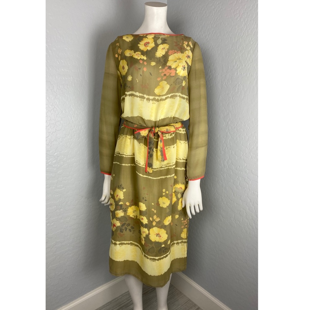 Vintage Yellow Tan Brown Long Sleeve Floral Dress